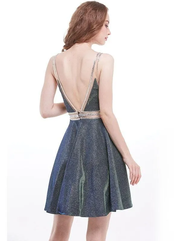 Bridelily A-Line V-neck Sequins With Beading Sleeveless Short/Mini Dresses