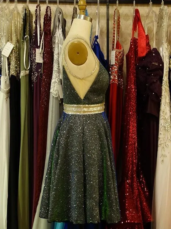 Bridelily A-Line V-neck Sequins With Beading Sleeveless Short/Mini Dresses