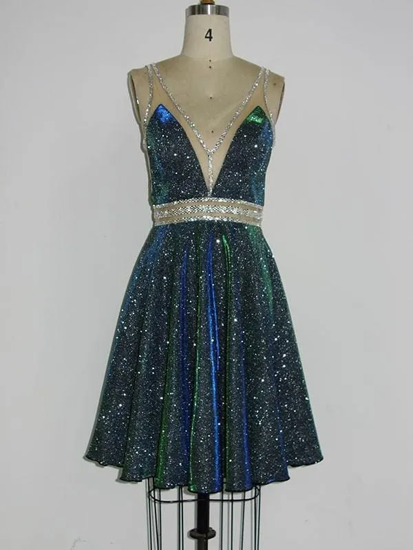 Bridelily A-Line V-neck Sequins With Beading Sleeveless Short/Mini Dresses