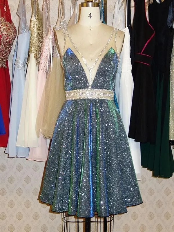 Bridelily A-Line V-neck Sequins With Beading Sleeveless Short/Mini Dresses