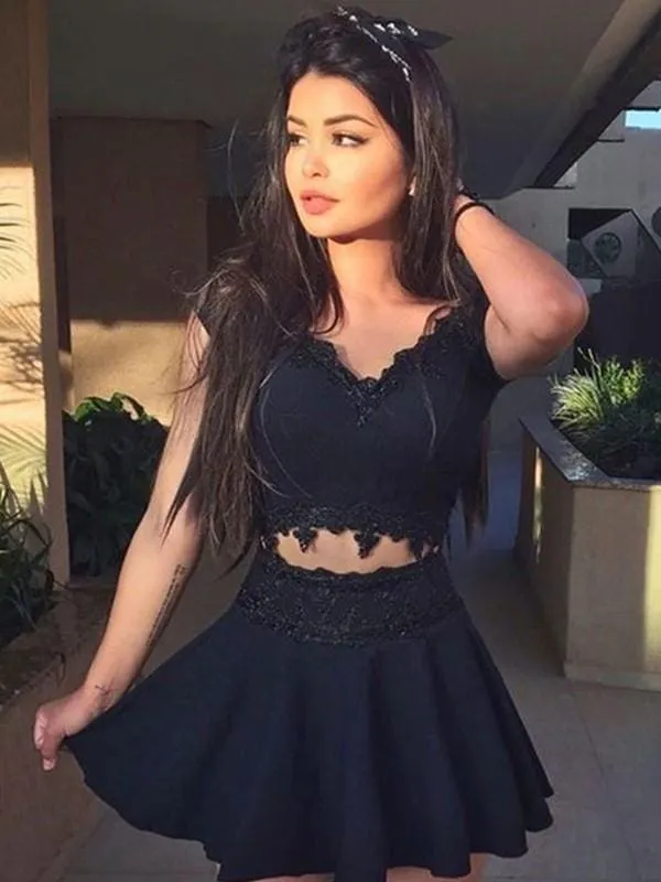 Bridelily A-Line V-Neck Sleeveless Lace Satin Two Piece Short/Mini Dresses
