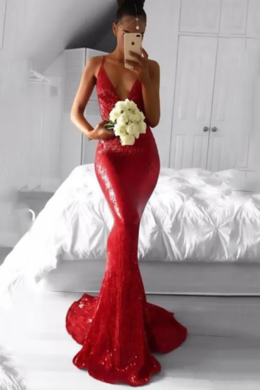 Bridelily Deep V-neck Spaghetti Backless Sequins Floor-length Mermaid Prom Dresses