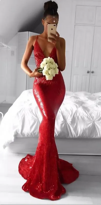 Bridelily Deep V-neck Spaghetti Backless Sequins Floor-length Mermaid Prom Dresses