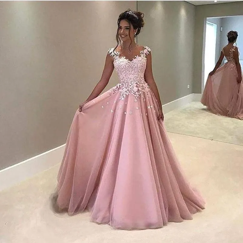 Bridelily Gorgeous Pink Lace Appliques V-Neck A-Line Cap-Sleeves Prom Dress