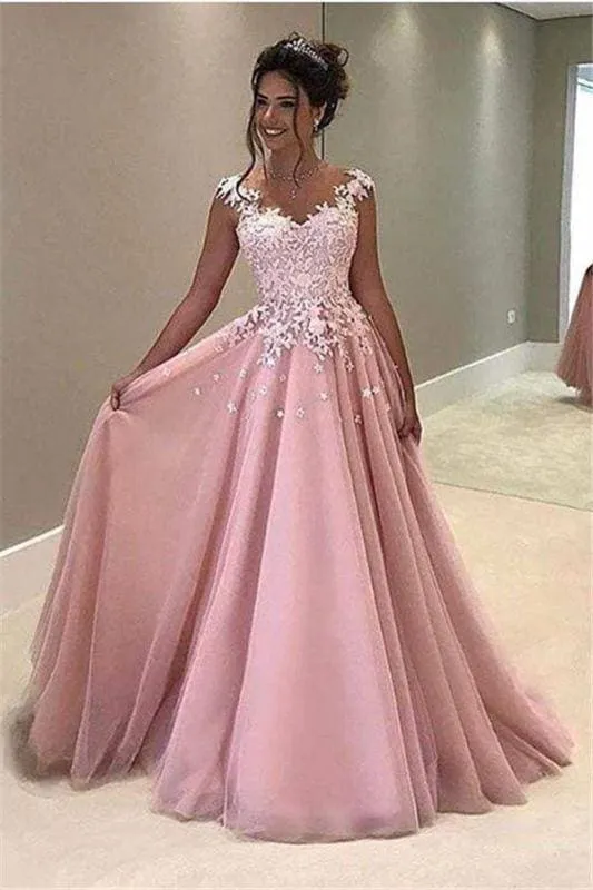 Bridelily Gorgeous Pink Lace Appliques V-Neck A-Line Cap-Sleeves Prom Dress