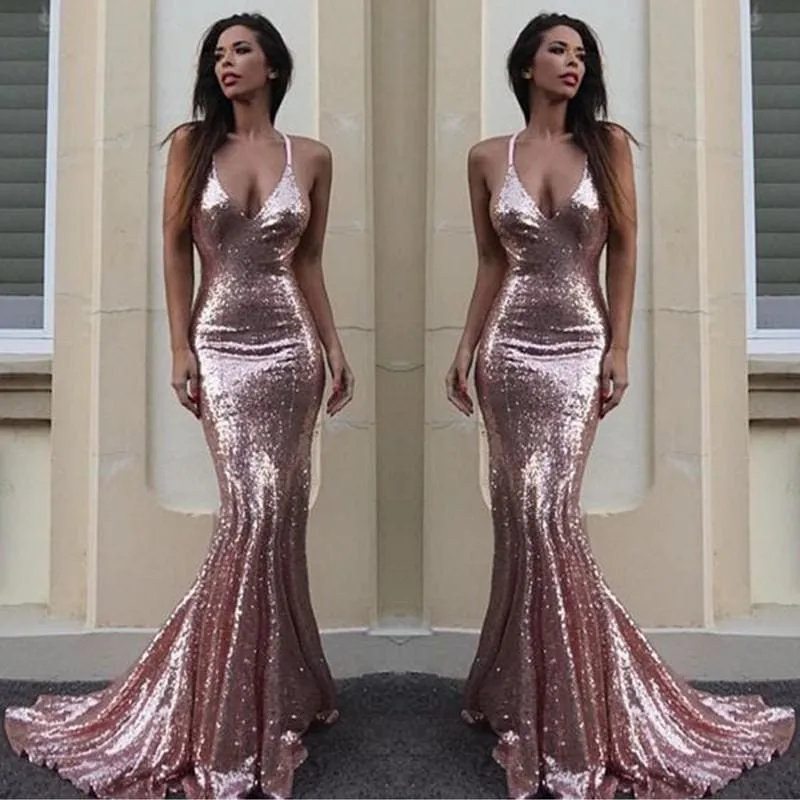Bridelily Gorgeous Sequins V-Neck Mermaid Sequins Prom Dress