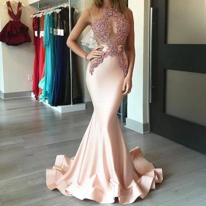 Bridelily Gorgeous Sleeveless Pink Appliques Mermaid Evening Dress PT003