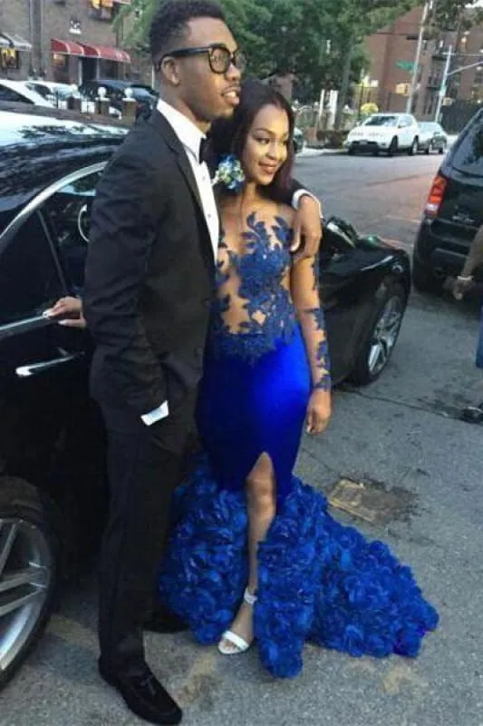 Bridelily Modern Long Sleeve Royal Blue Prom Dresses 2019 Mermaid Woemn's Party Gowns BK0