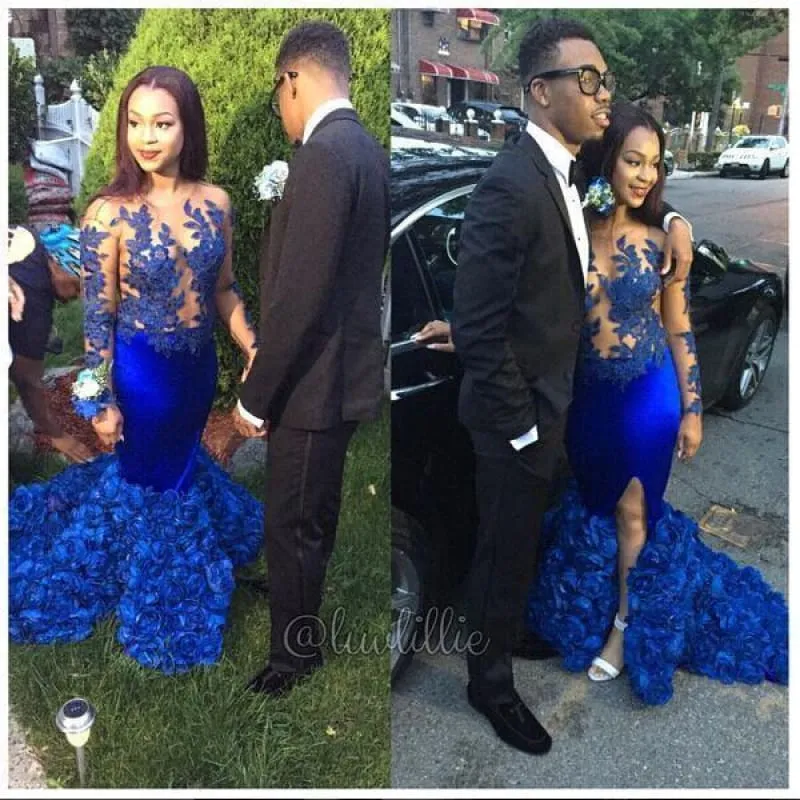 Bridelily Modern Long Sleeve Royal Blue Prom Dresses 2019 Mermaid Woemn's Party Gowns BK0