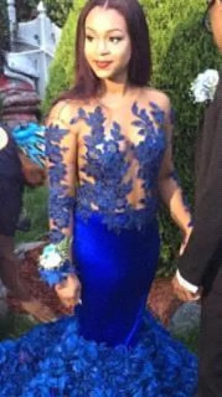 Bridelily Modern Long Sleeve Royal Blue Prom Dresses 2019 Mermaid Woemn's Party Gowns BK0