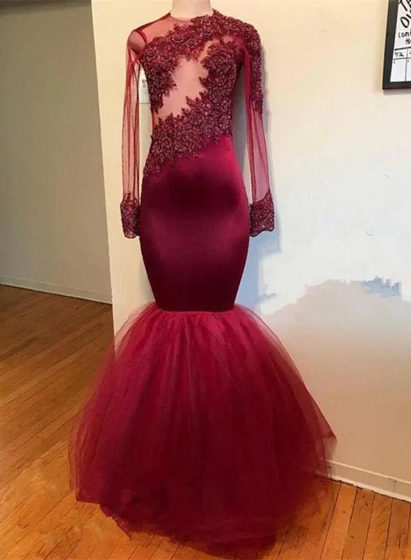 Bridelily Modest Lace Appliques Long Sleeve Prom Dress | Mermaid Prom Dress RM0 BA9195
