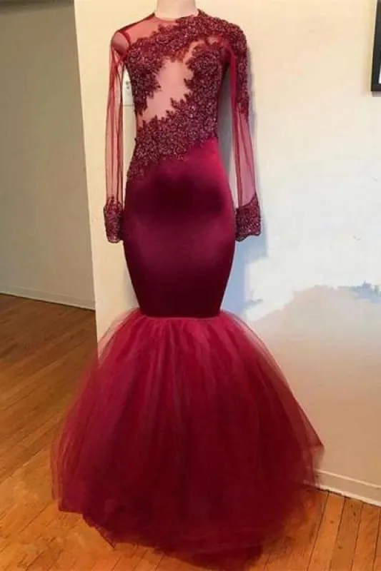 Bridelily Modest Lace Appliques Long Sleeve Prom Dress | Mermaid Prom Dress RM0 BA9195