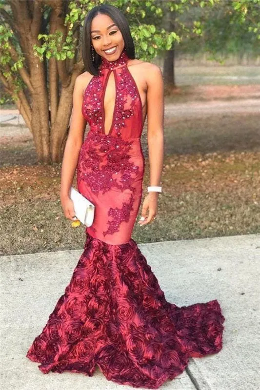 Bridelily New Arrival Mermaid High Neck Prom Dresses Appliques Evening Gowns with Beadings SK0115