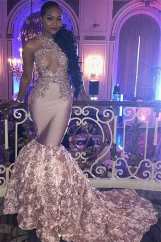 Bridelily Sexy Pink High-Neck Mermaid Prom Dresses 2019 Appliques Sleeveless Keyhole Evening Dresses with Beadings SK0138