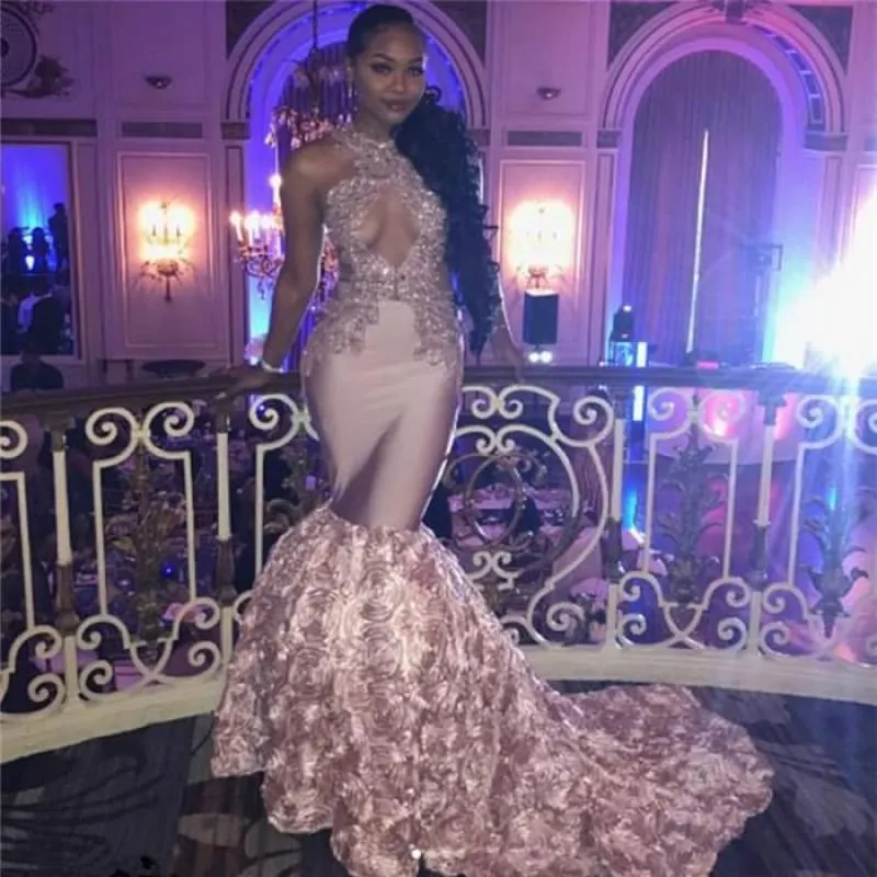 Bridelily Sexy Pink High-Neck Mermaid Prom Dresses 2019 Appliques Sleeveless Keyhole Evening Dresses with Beadings SK0138