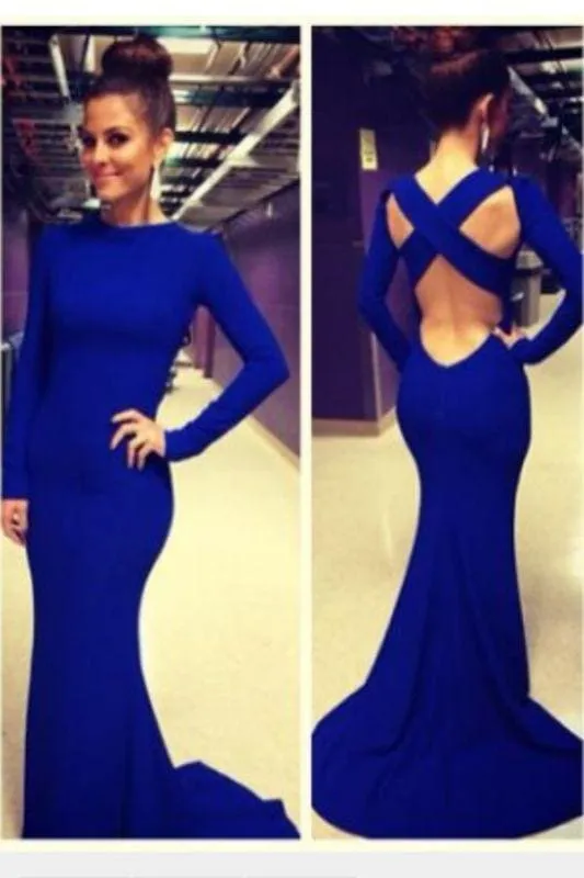 Bridelily Sexy Prom Dresses Long Sleeve Jewel Elegant Sweep Train Cross Back Blue Satin Evening Gowns