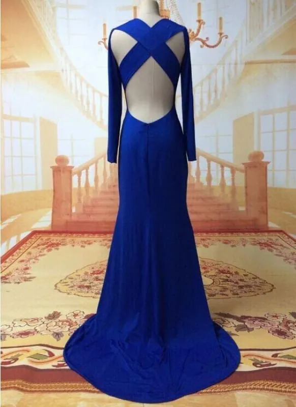 Bridelily Sexy Prom Dresses Long Sleeve Jewel Elegant Sweep Train Cross Back Blue Satin Evening Gowns