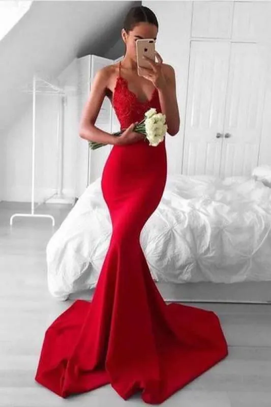 Bridelily Sexy Red V-Neck Lace Mermaid Lace Long Prom Dress