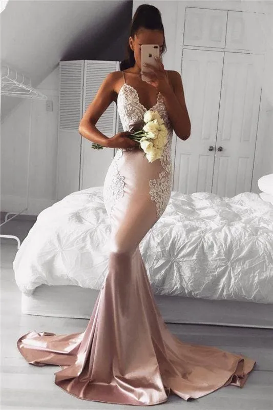 Bridelily Spaghetti Straps V-neck Pink Prom Dresses Lace Mermaid 2019 Cheap Formal Evening Gown FB02019AN0