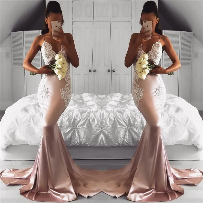 Bridelily Spaghetti Straps V-neck Pink Prom Dresses Lace Mermaid 2019 Cheap Formal Evening Gown FB02019AN0