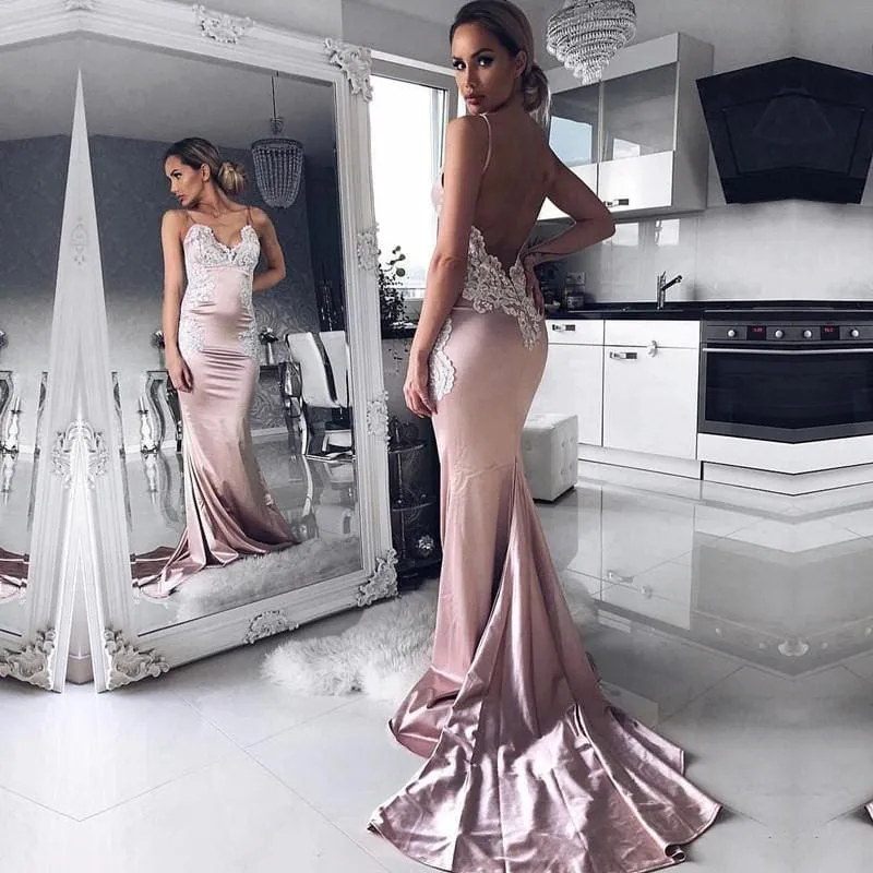 Bridelily V-neck Spaghetti Straps Prom Dress | Mermaid Lace Evening Party Gowns