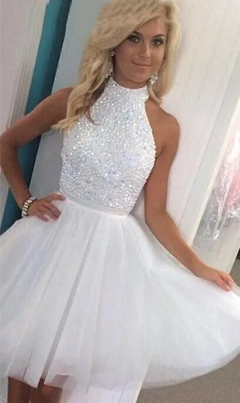 Bridelily White Crystal High Collar Short Homecoming Dresses Tulle Sleeveless Mini Cocktail Gowns