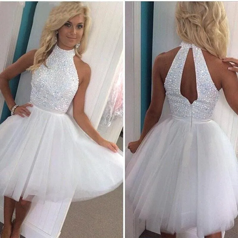 Bridelily White Crystal High Collar Short Homecoming Dresses Tulle Sleeveless Mini Cocktail Gowns