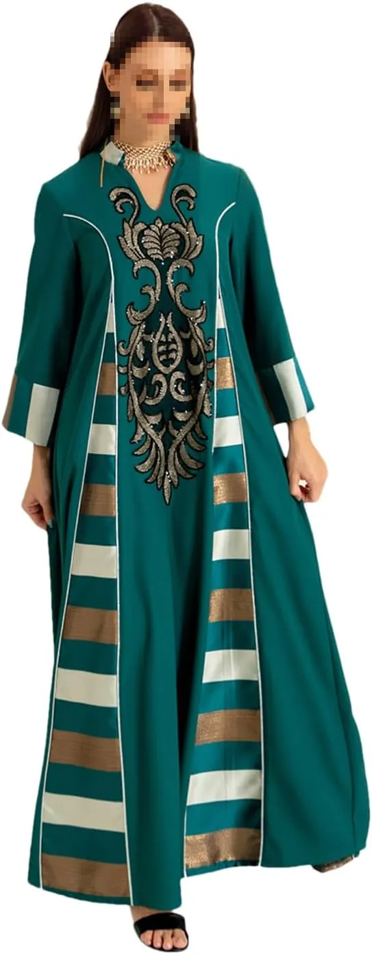 Casual Floral Embroidery Patchwork Long Dresses Contrast Color Kaftan Women Ramadan Abayas   B57717
