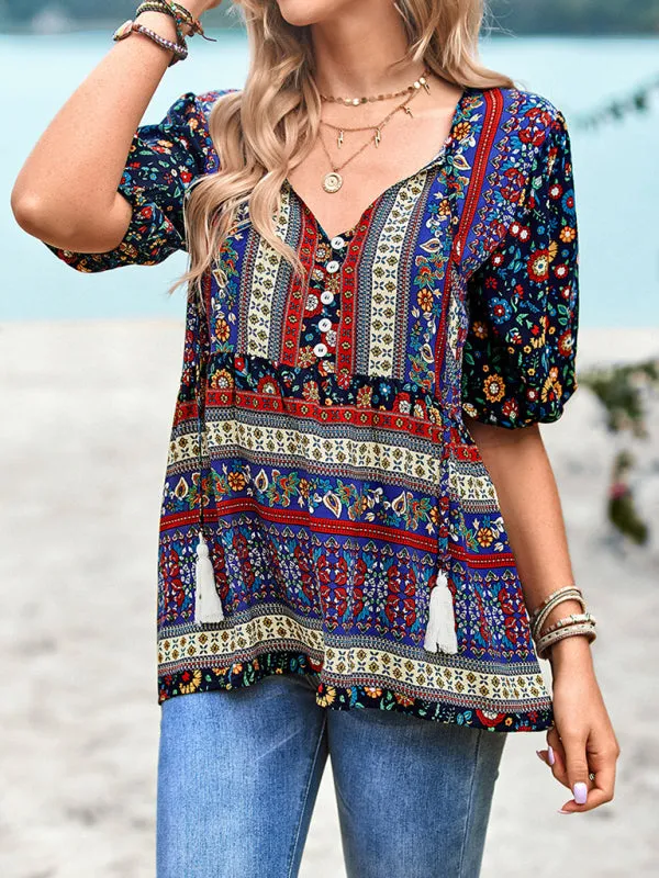 Chic Boho Print Blouse - Peplum Silhouette & Tassel Drawstring Top