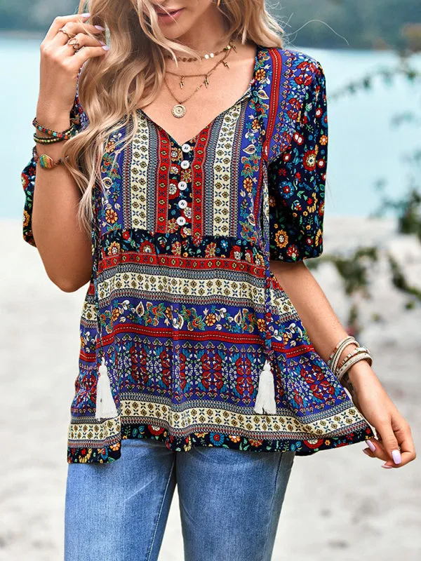 Chic Boho Print Blouse - Peplum Silhouette & Tassel Drawstring Top