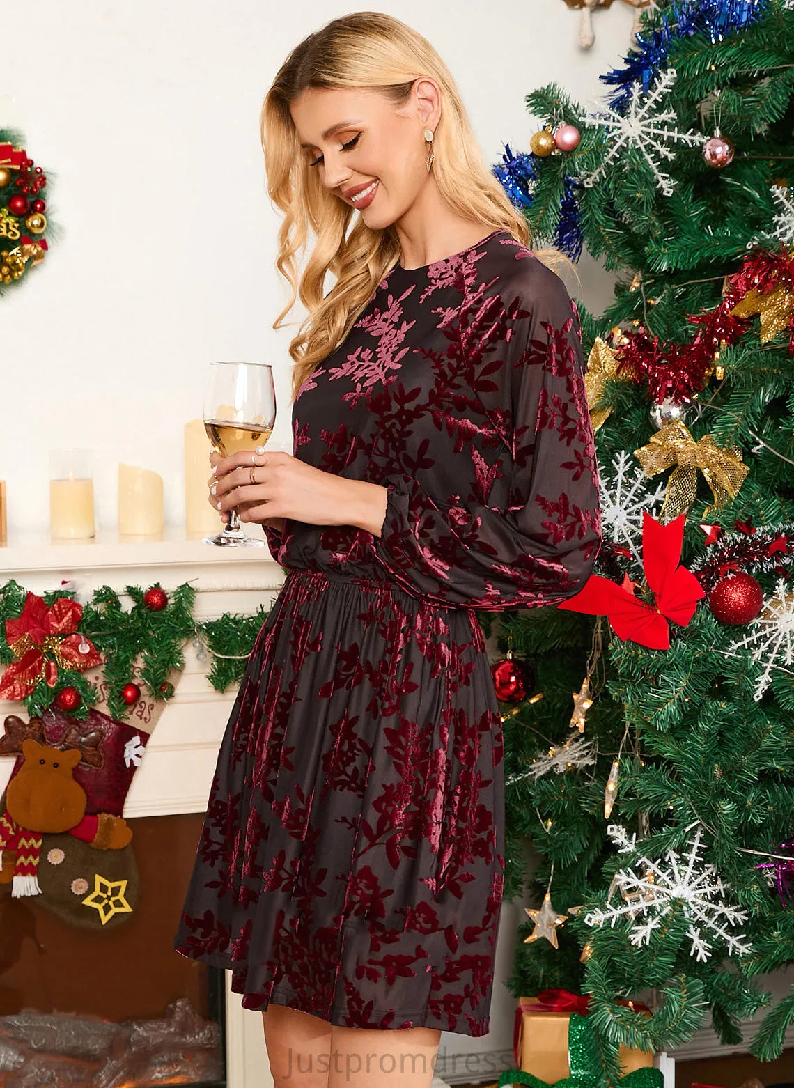 Club Dresses Neck Long Cassidy Sleeves Floral Dresses Polyester Elegant Round Mini A-line Print