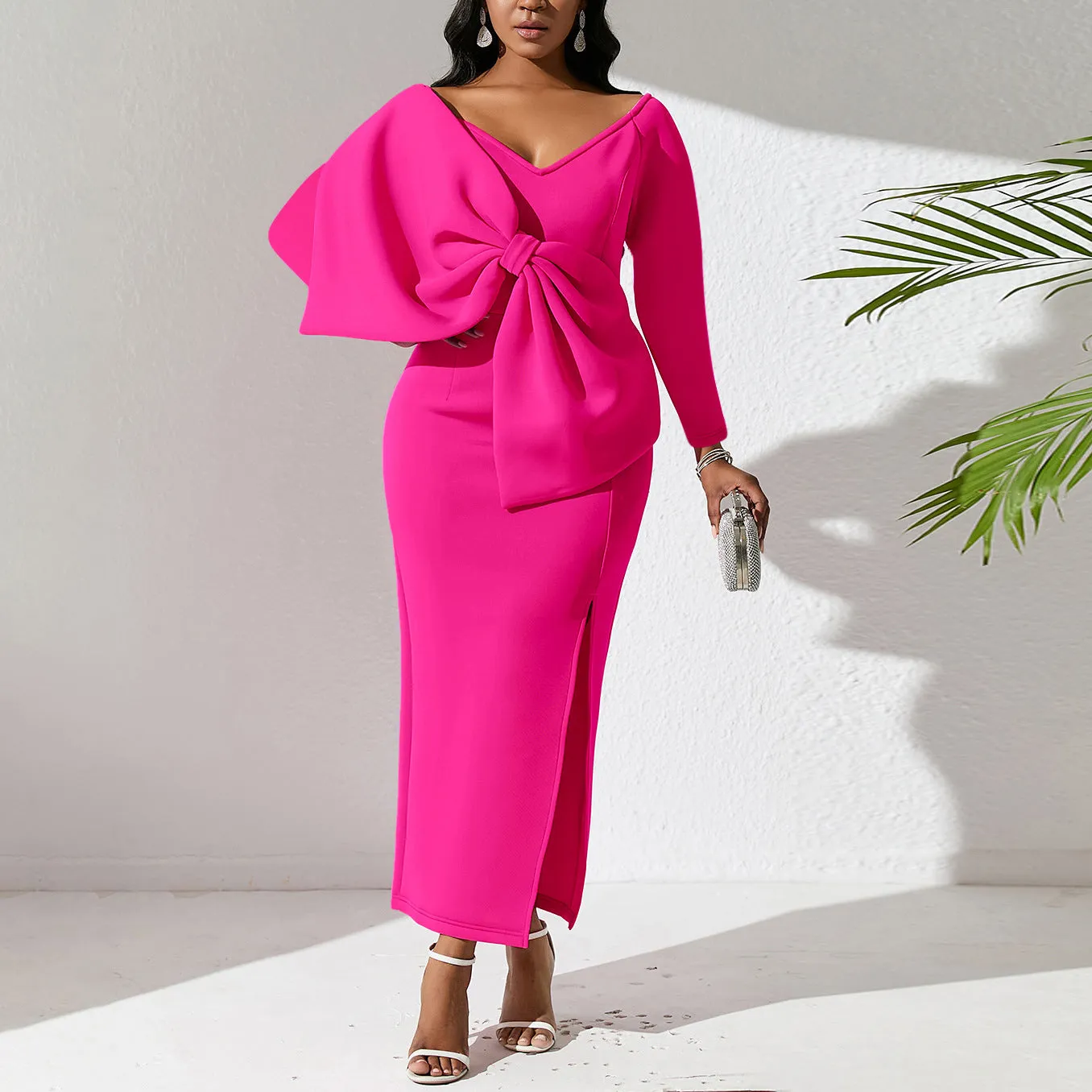 Deep V Bow High Waist Party Dresses Wholesale Womens Clothing N3823111600050