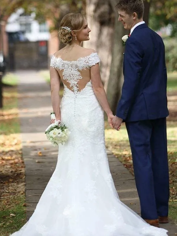 Elegant Cap Sleeves Lace Sweep Train Mermaid Wedding Dresses
