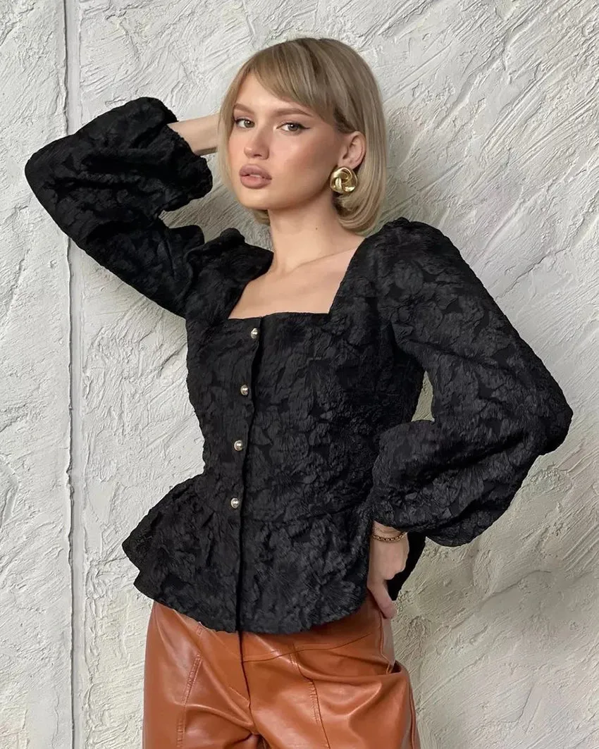 Floral Puff Sleeve Peplum Blouse for Trendy Women