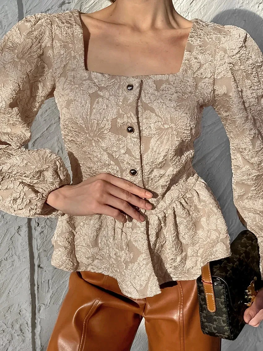 Floral Puff Sleeve Peplum Blouse for Trendy Women