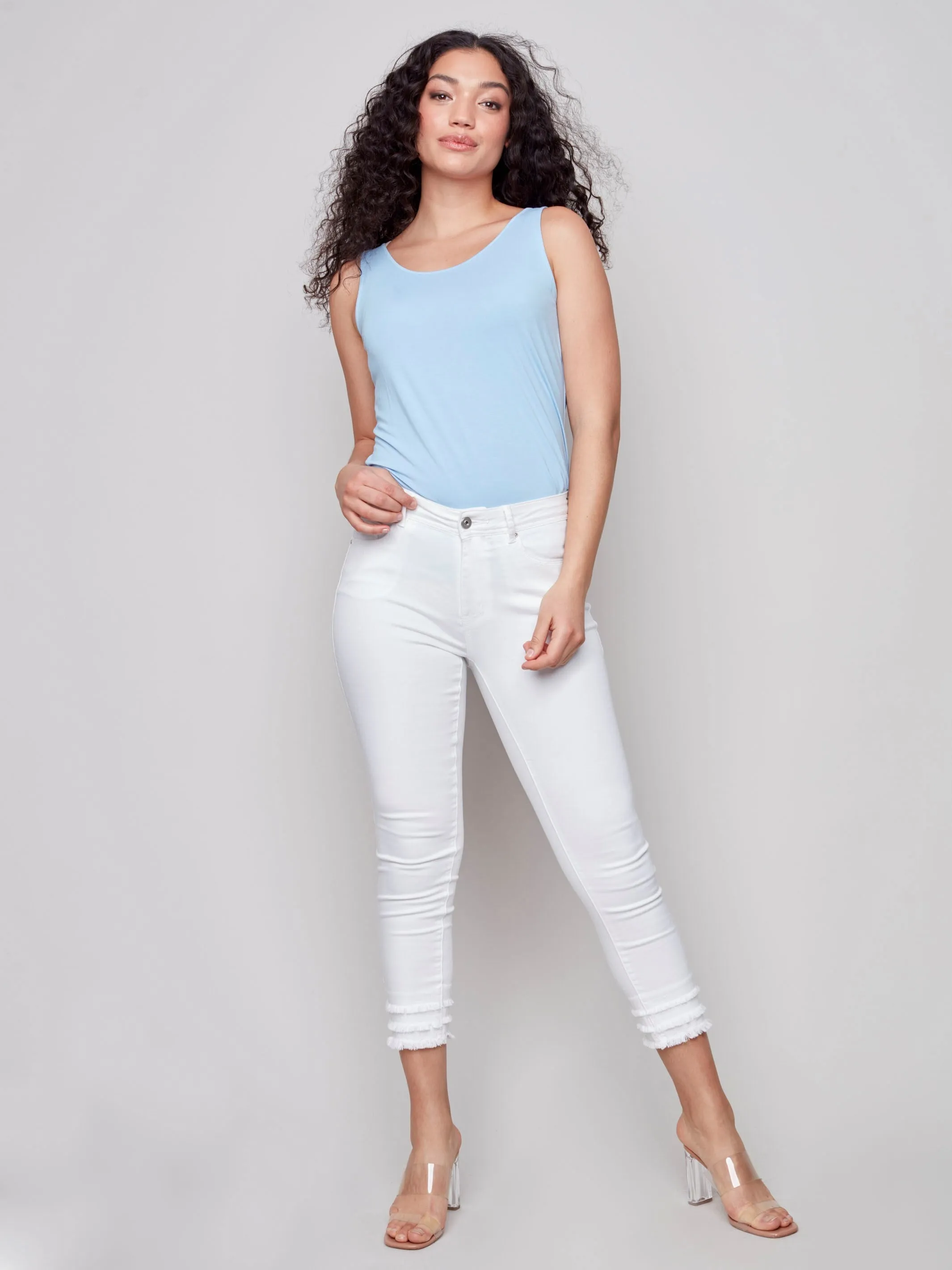 Frayed Hem Cropped Twill Pants - White
