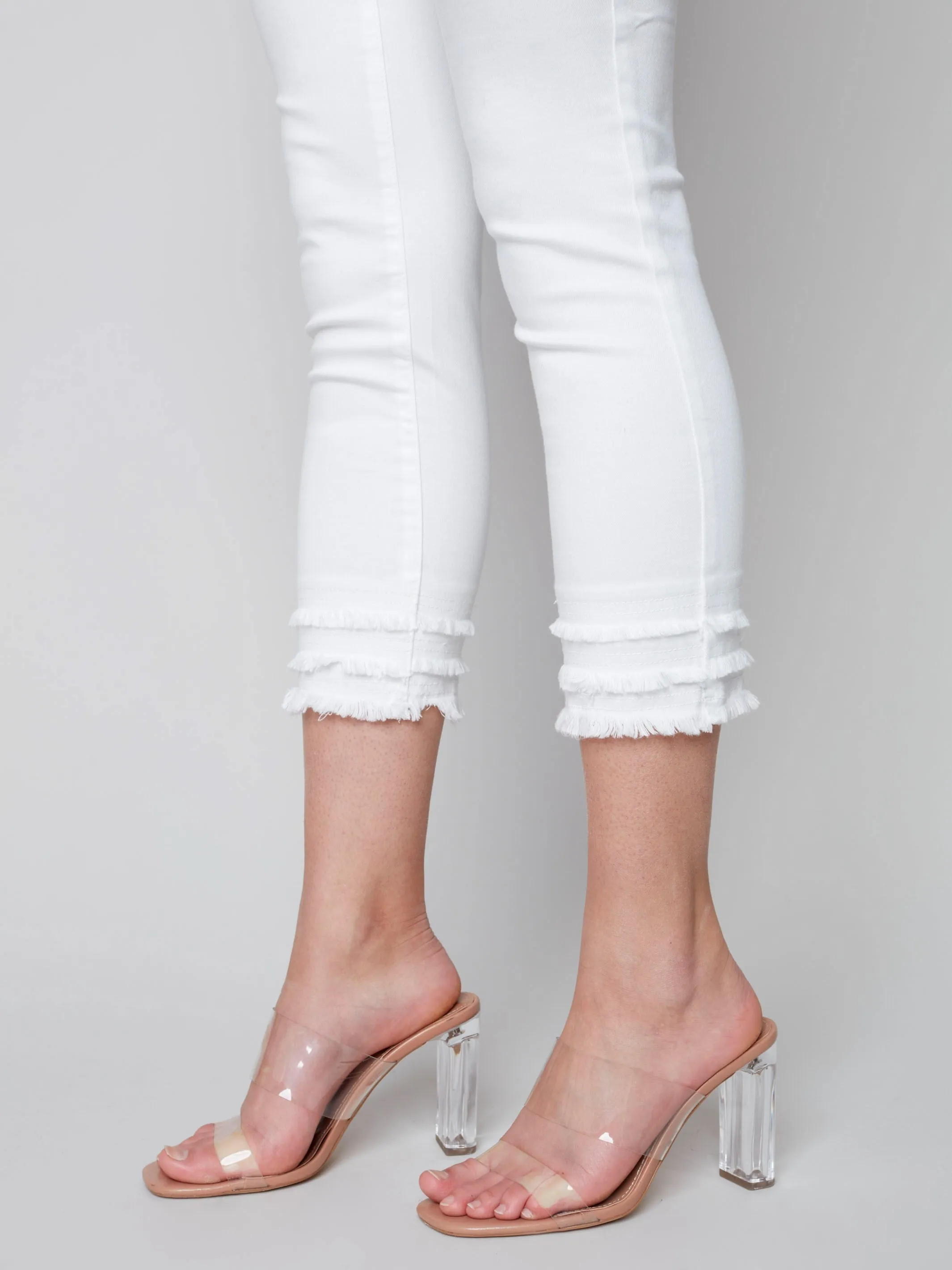 Frayed Hem Cropped Twill Pants - White
