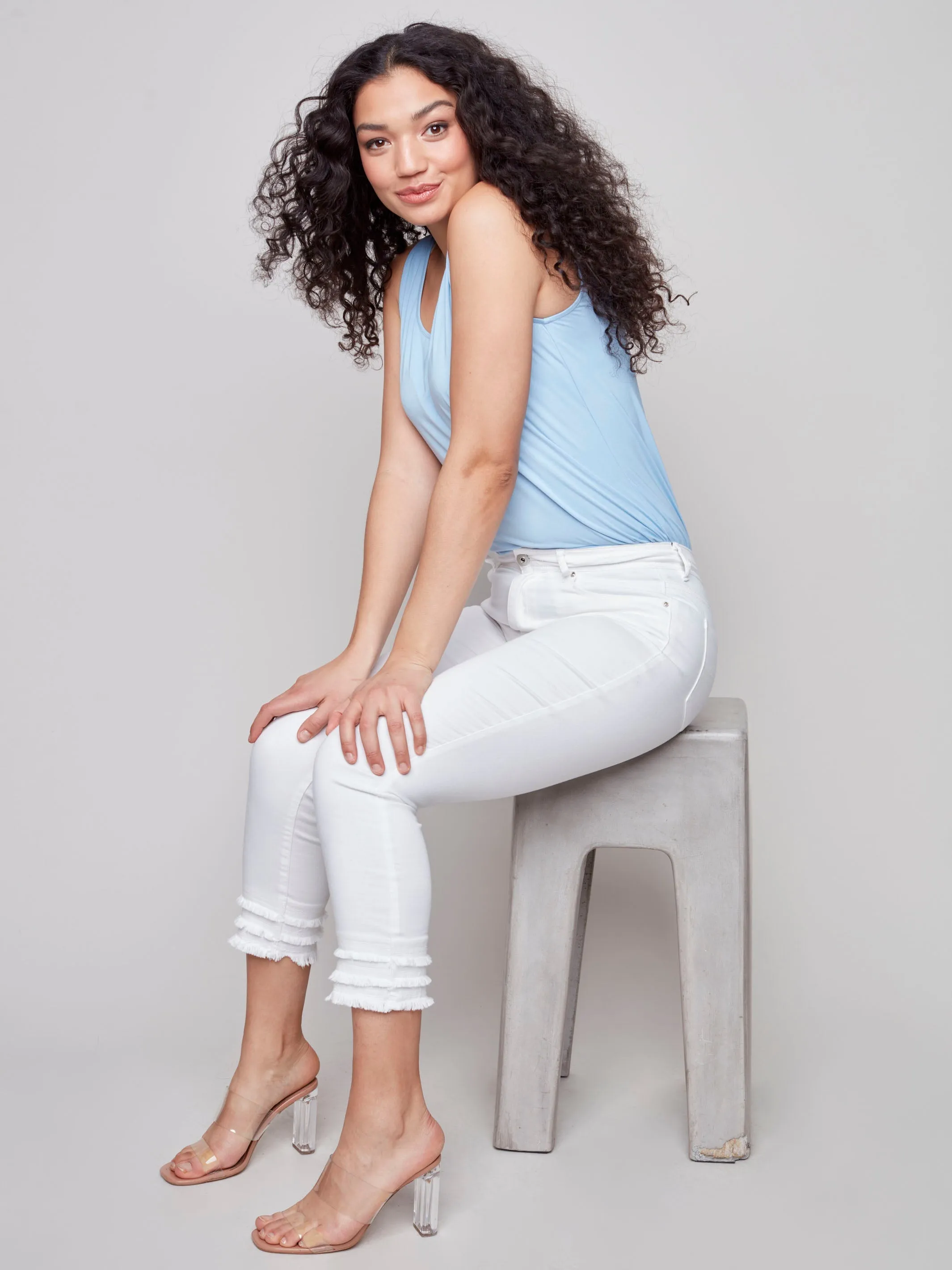 Frayed Hem Cropped Twill Pants - White