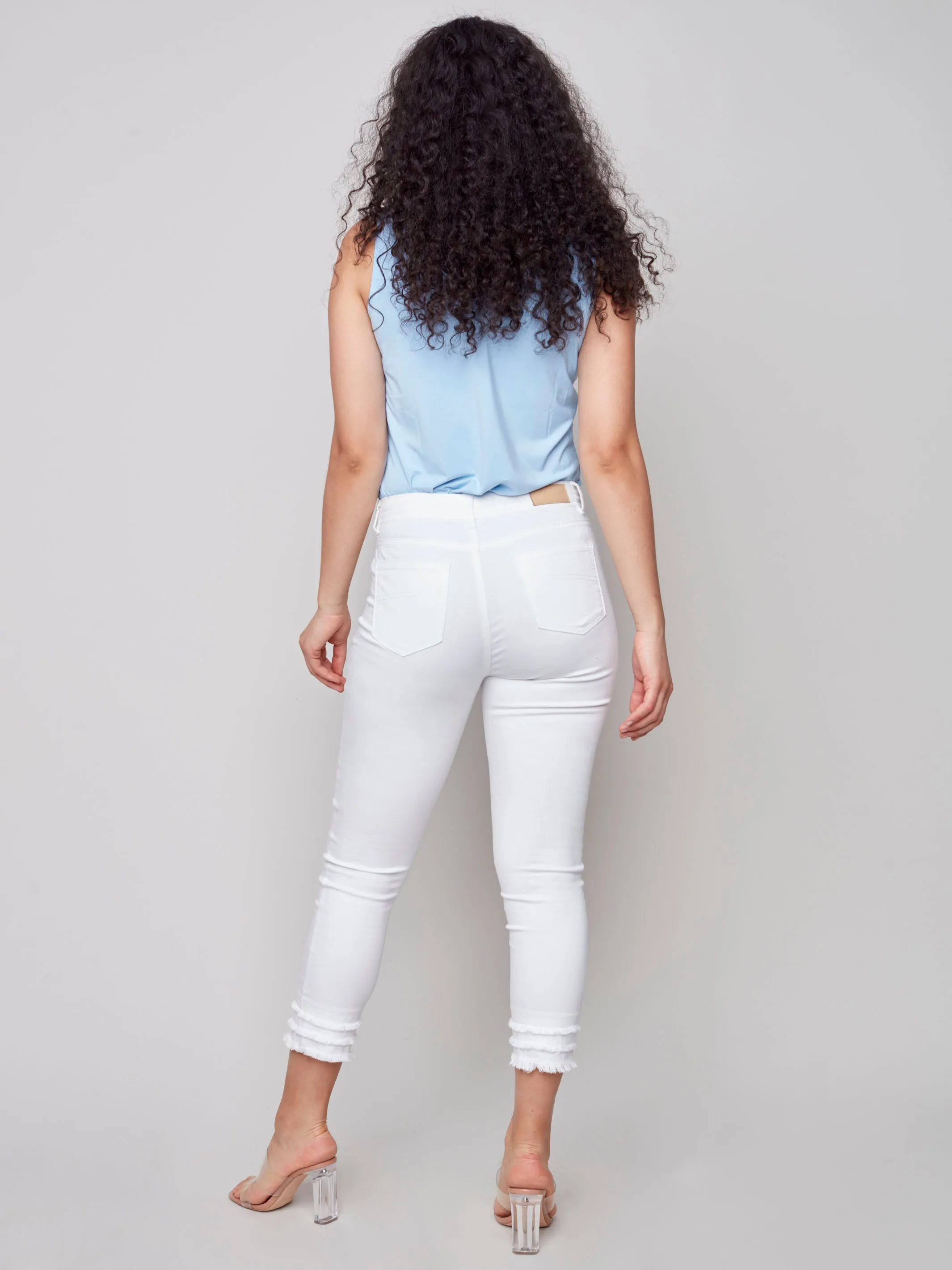 Frayed Hem Cropped Twill Pants - White