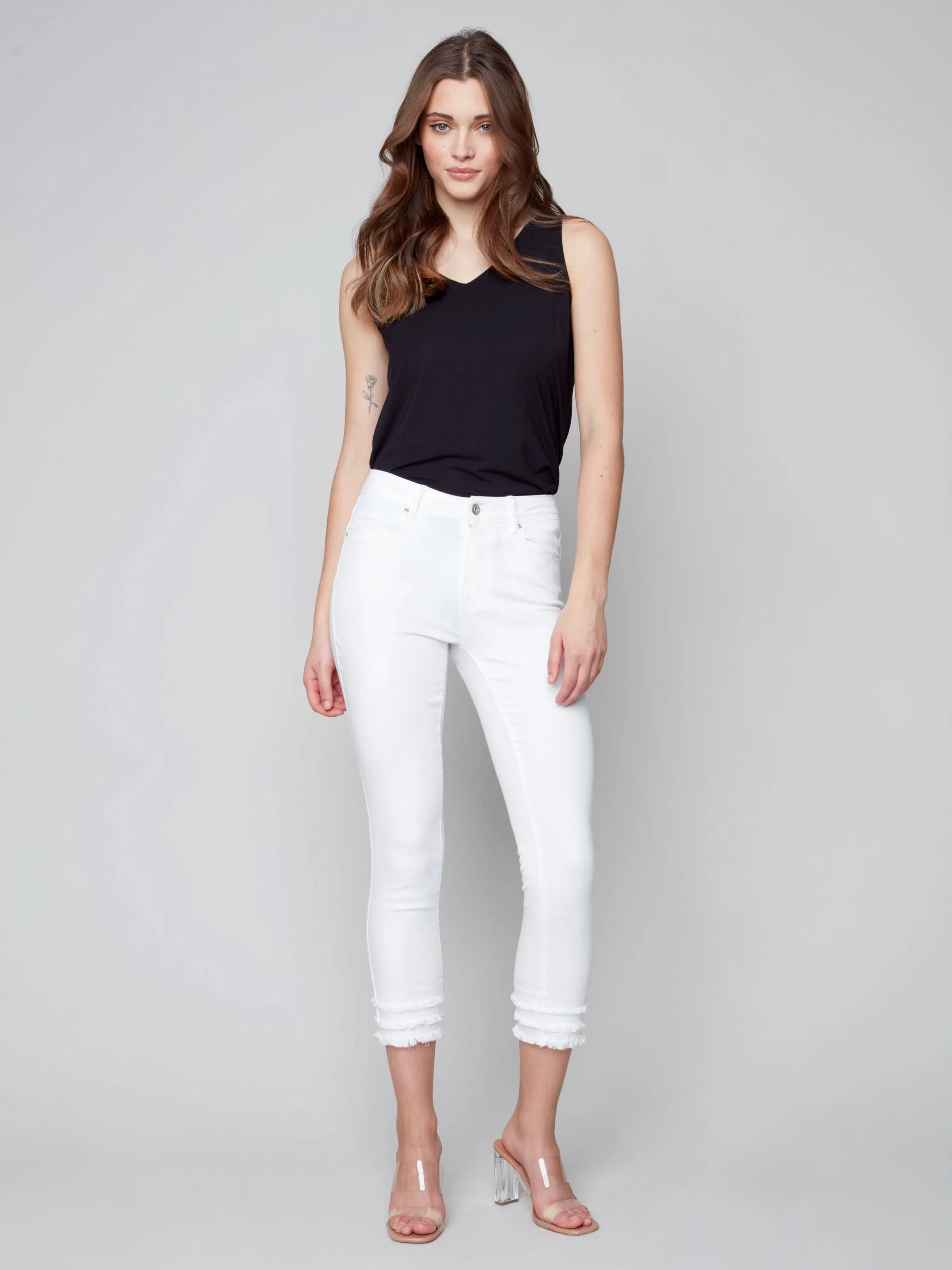Frayed Hem Cropped Twill Pants - White