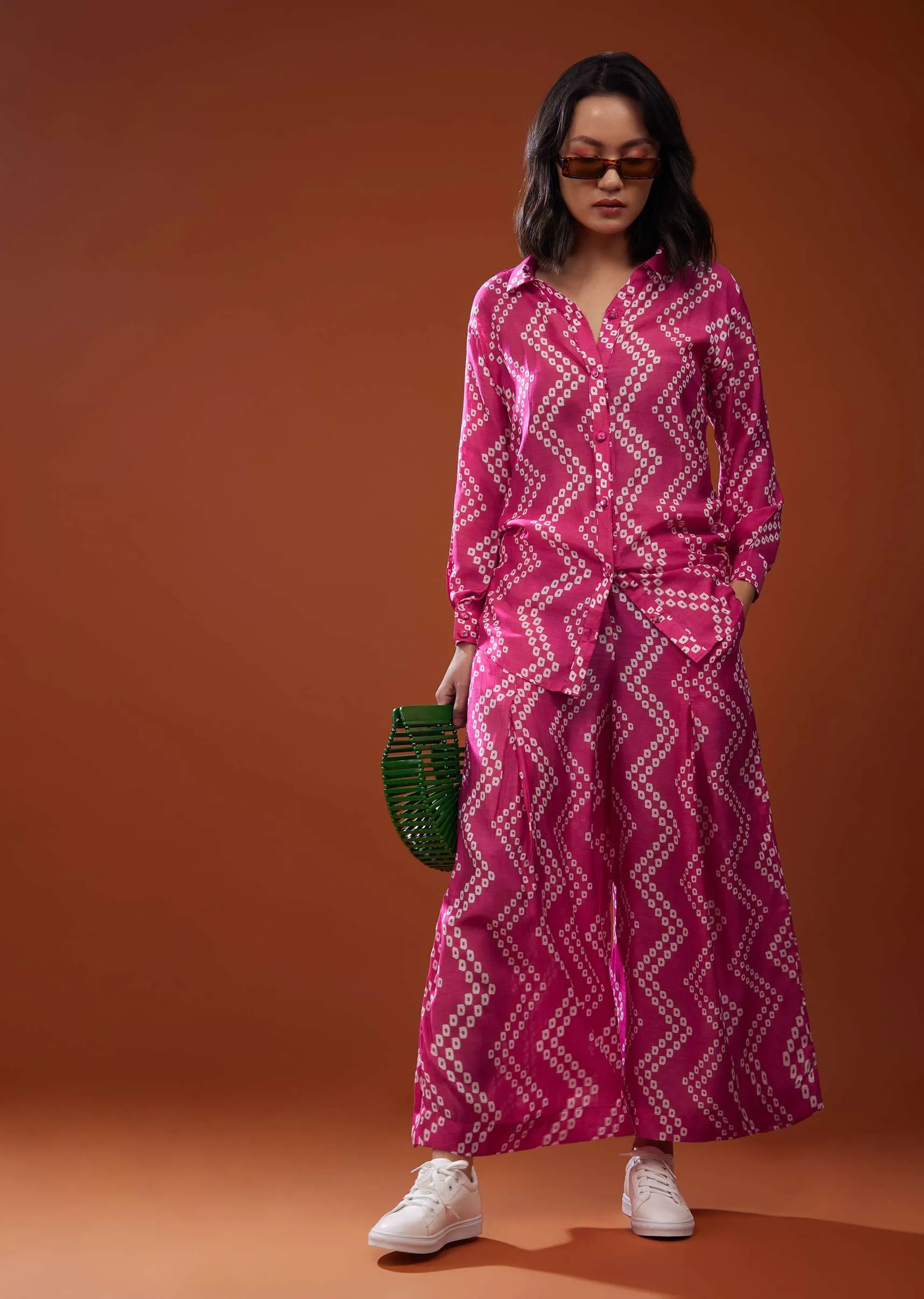 Fuschia Pink Printed Co-ord Set In Muslin