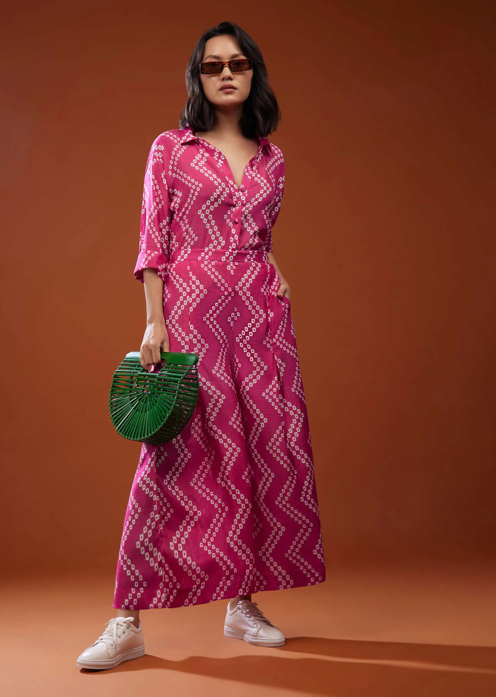 Fuschia Pink Printed Co-ord Set In Muslin
