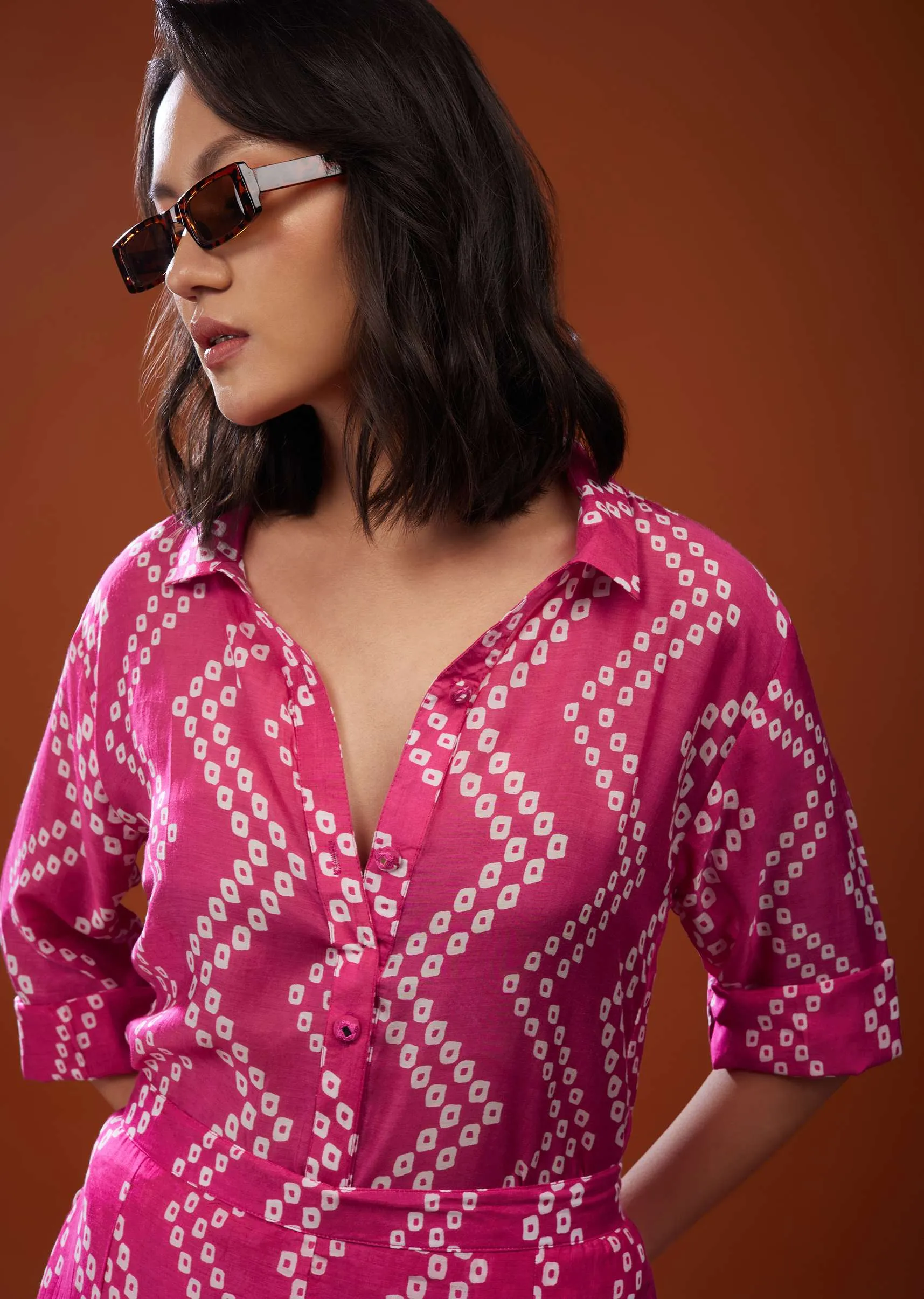 Fuschia Pink Printed Co-ord Set In Muslin