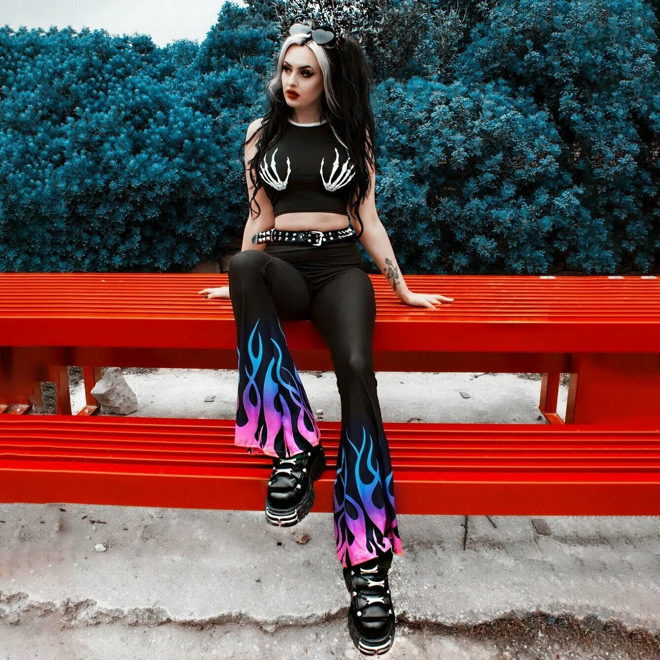 Hellz Bellz Pastel Goth On Fire Bell Bottom Flares