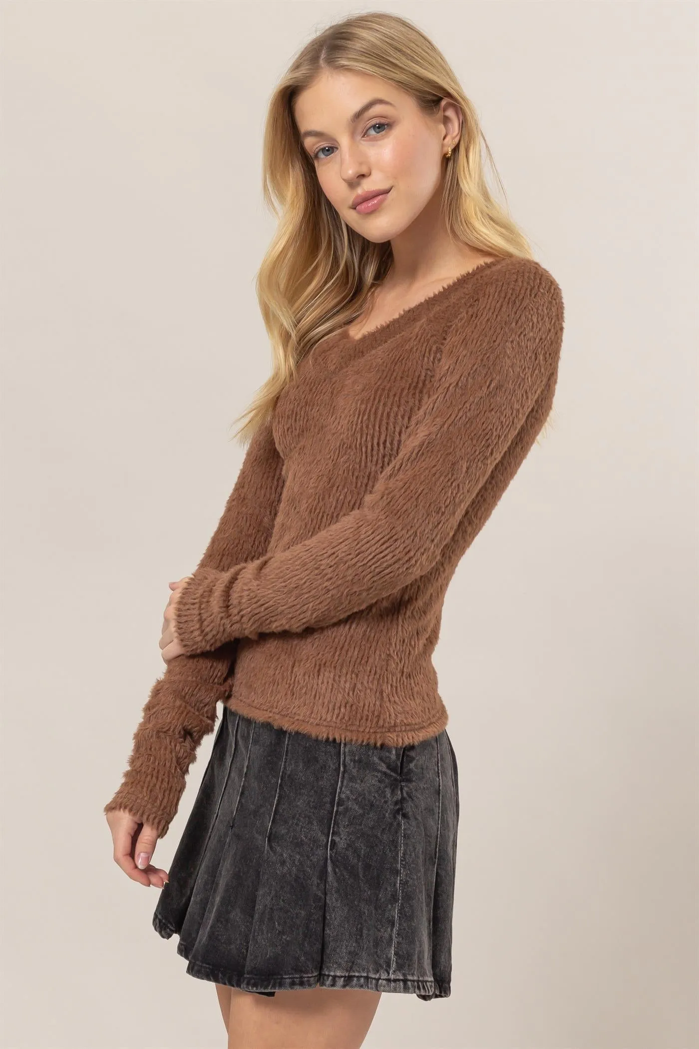 HF25A955-Fuzzy Knit Off-Shoulder Top