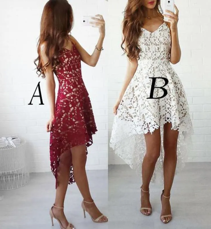 High-low Burgundy V-neck Straps Homecoming Asymmetrical Lace Short Prom Dress