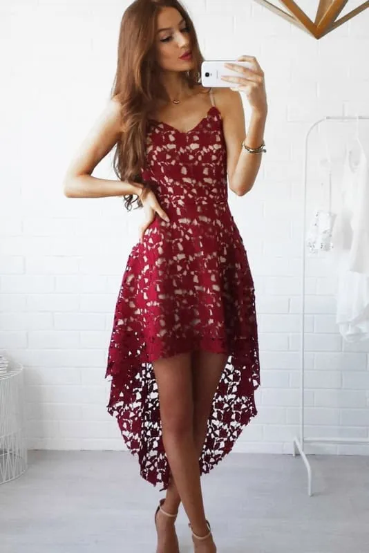 High-low Burgundy V-neck Straps Homecoming Asymmetrical Lace Short Prom Dress