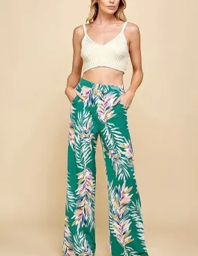 Jade Tropical Leaf Print High Waisted Palazzo Pant