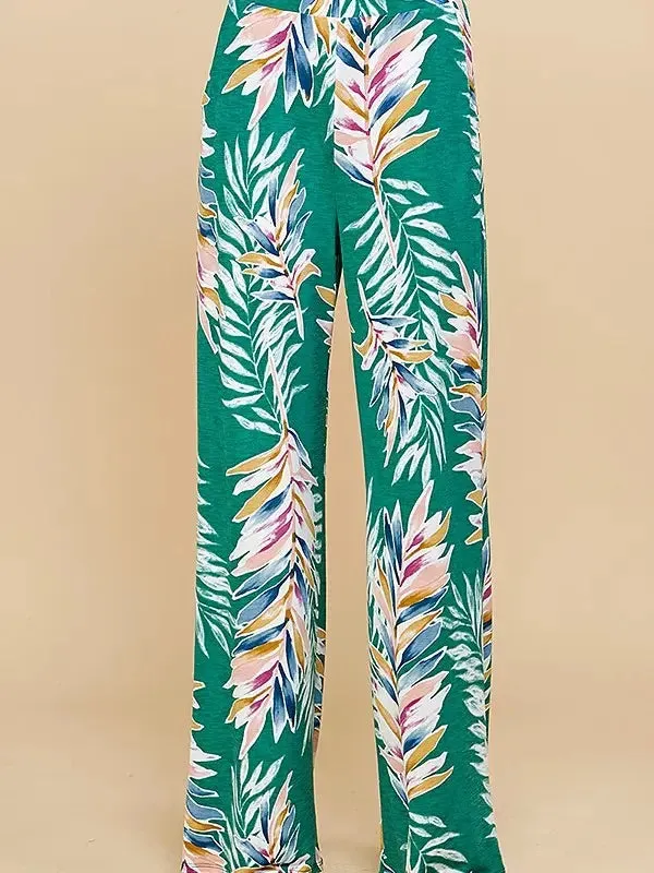 Jade Tropical Leaf Print High Waisted Palazzo Pant