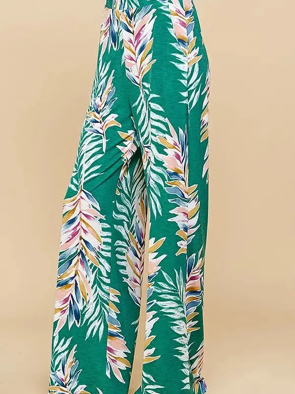Jade Tropical Leaf Print High Waisted Palazzo Pant